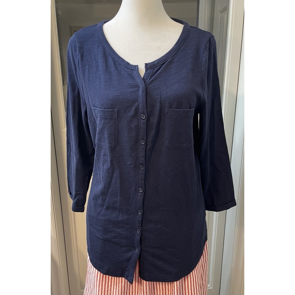 Boden Button Up 3/4 Sleeve Top Size 6 Cuff Sleeve Navy Minimalist 100% Cotton